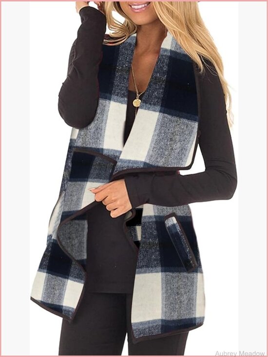 Jackets & Blazers - Buffalo Plaid Sleeveless Cardigan Vest with Pockets Open Front Lapel